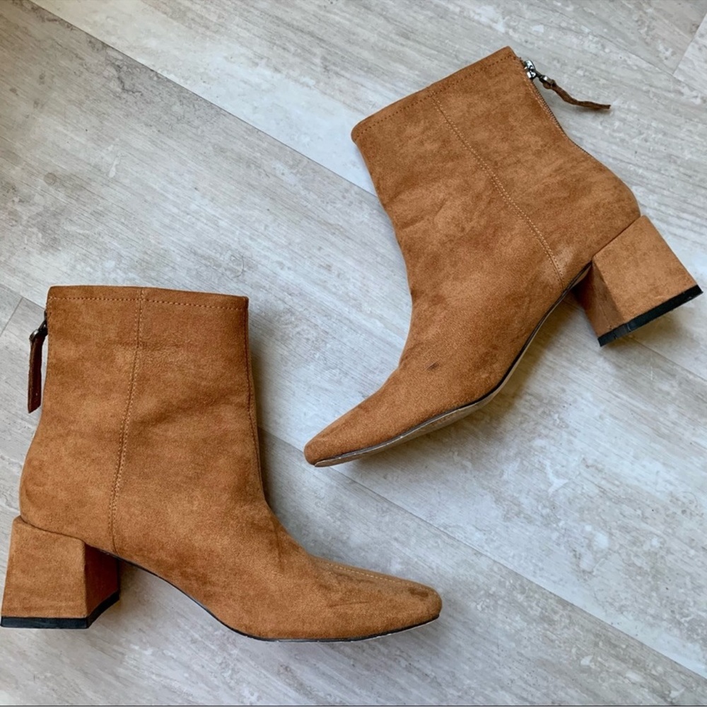 Lulus Square Toed Block Heel Camel Color Suede Ankle Boots - Picture 1 of 16